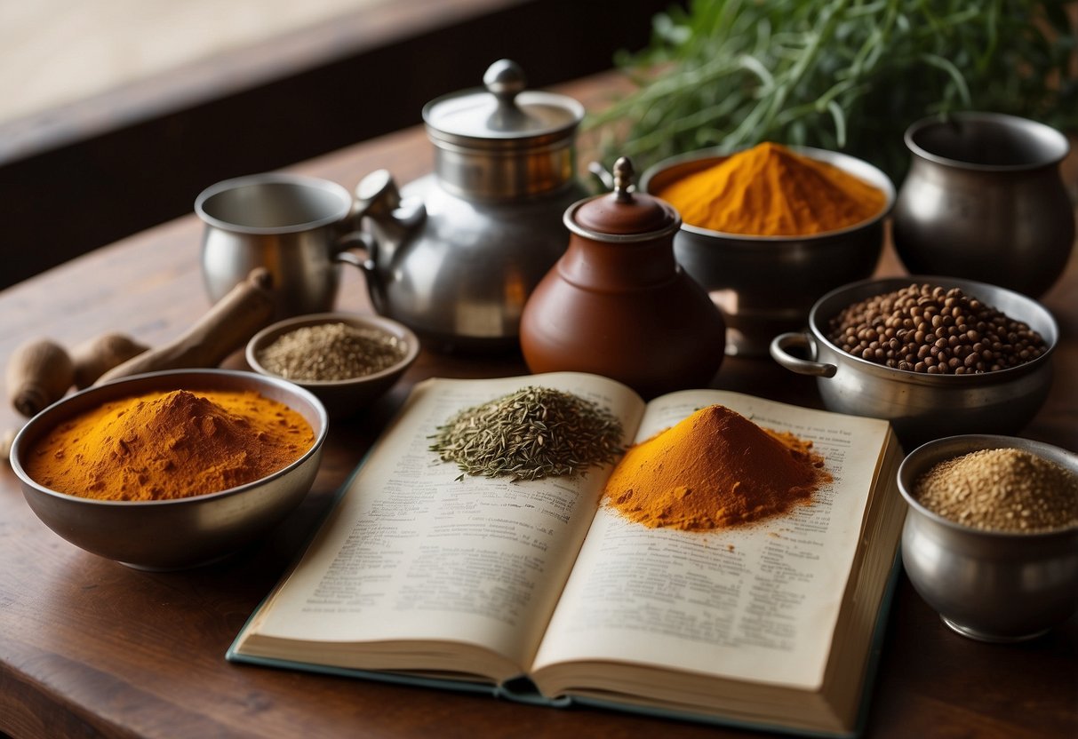 A table with various colorful spices, pots, and pans. A cookbook open to a page with an ethnic recipe. A globe or map in the background