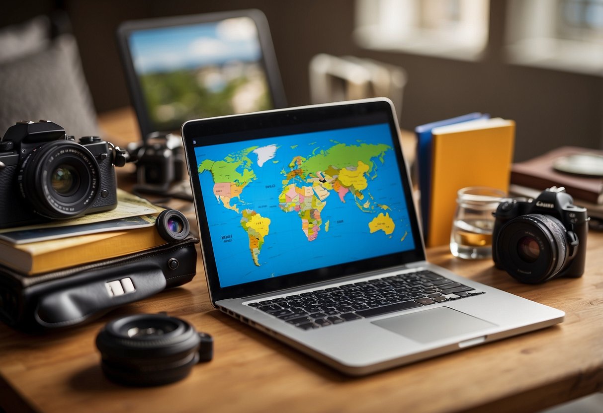 A group of diverse objects from around the world arranged on a table, with maps, books, and a camera nearby. A laptop displaying a travel blog with vibrant images and engaging text