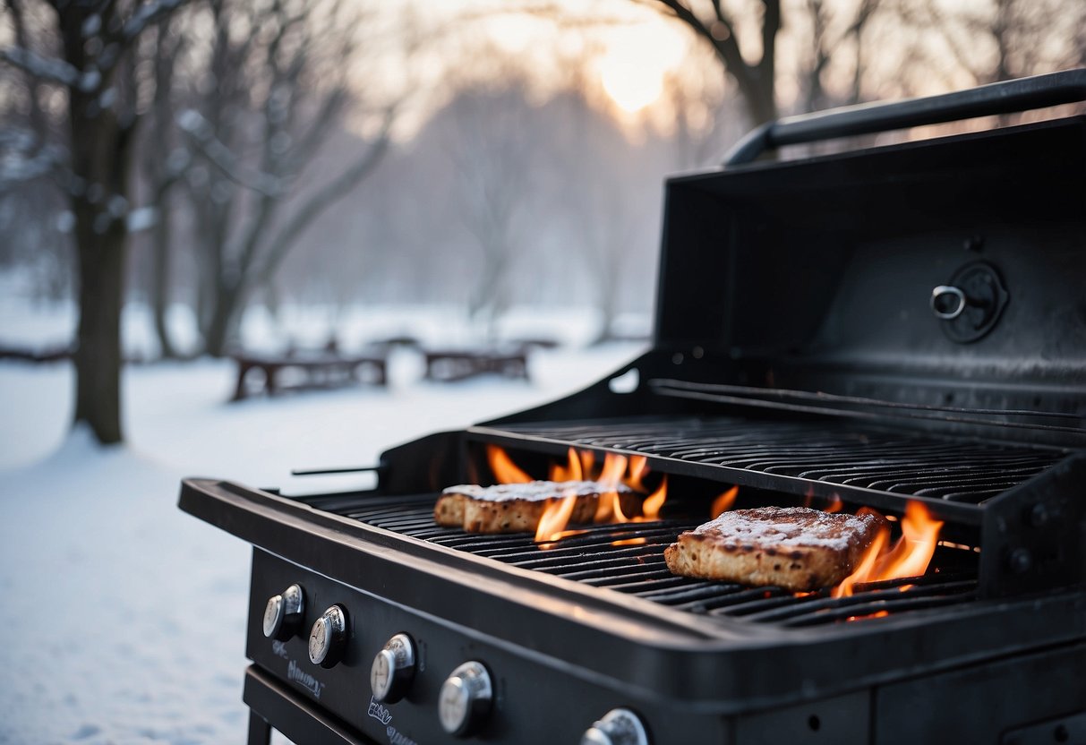 Snow-covered grill with smoke rising, surrounded by bare trees and a snowy landscape