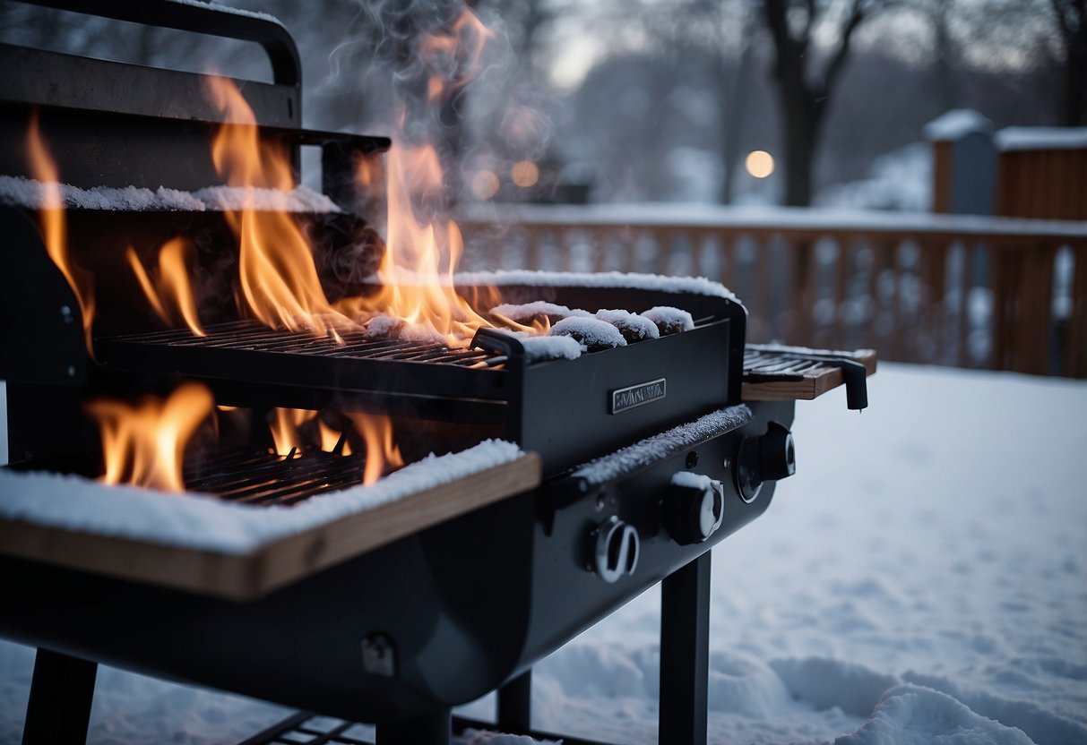 A snowy backyard with a lit grill, surrounded by winter accessories like scarves and gloves, with smoke billowing from the grill