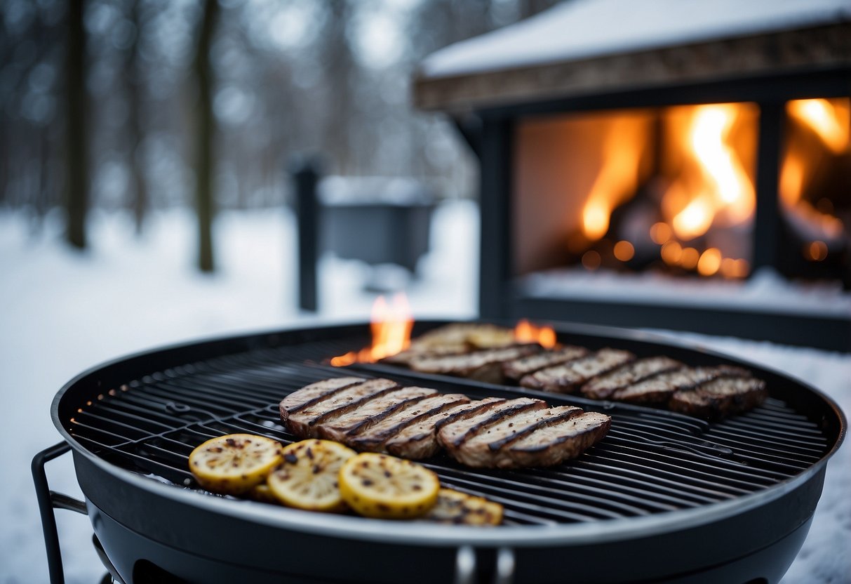 A winter grill set up with preparation and accessories