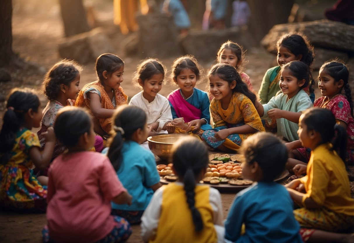 A circle of children from different cultures engaging in traditional activities, such as dancing, storytelling, cooking, and playing games. The scene is filled with vibrant colors and diverse cultural elements