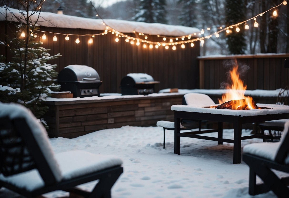 A snowy backyard with a lit grill, smoke rising, surrounded by winter foliage and a cozy outdoor seating area