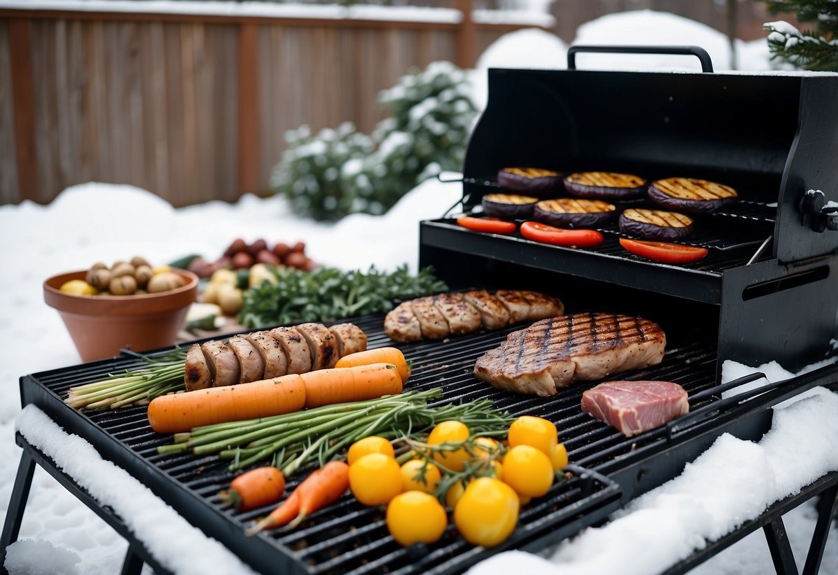 A snowy backyard with a grill surrounded by winter vegetables, herbs, and a variety of meats for grilling