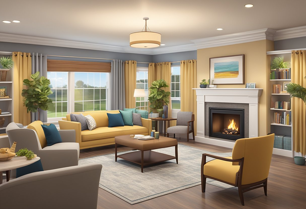 A cozy common area in a senior living facility, with comfortable seating, a fireplace, and shelves stocked with books and games. Soft lighting and cheerful decor create a welcoming atmosphere for residents