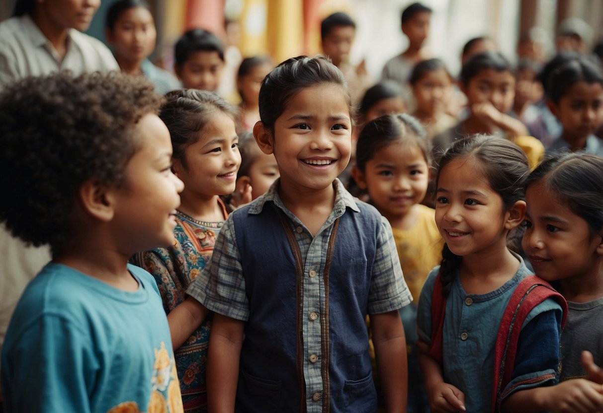 A diverse group of children engage in cultural activities, sharing food, music, and traditions. They listen attentively, ask questions, and show respect for each other's heritage