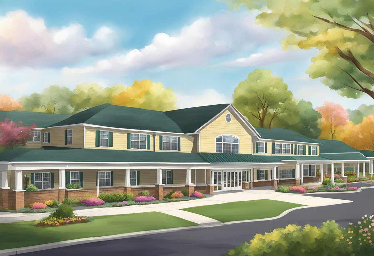 A cozy senior living facility in Berea, Ohio, with a welcoming entrance, lush gardens, and a vibrant community center