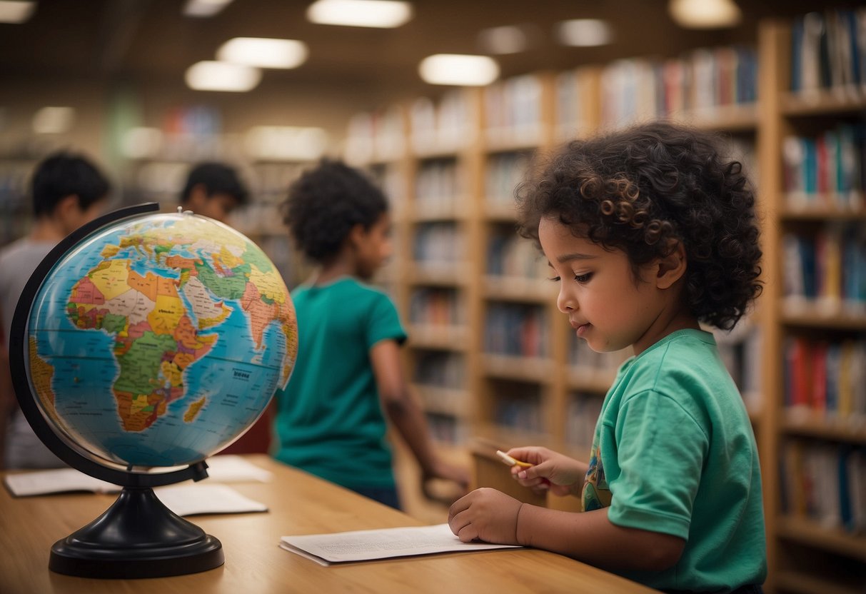 A diverse library with books of various cultures, a child reading with curiosity, and a globe on a desk. Posters of different countries hang on the wall