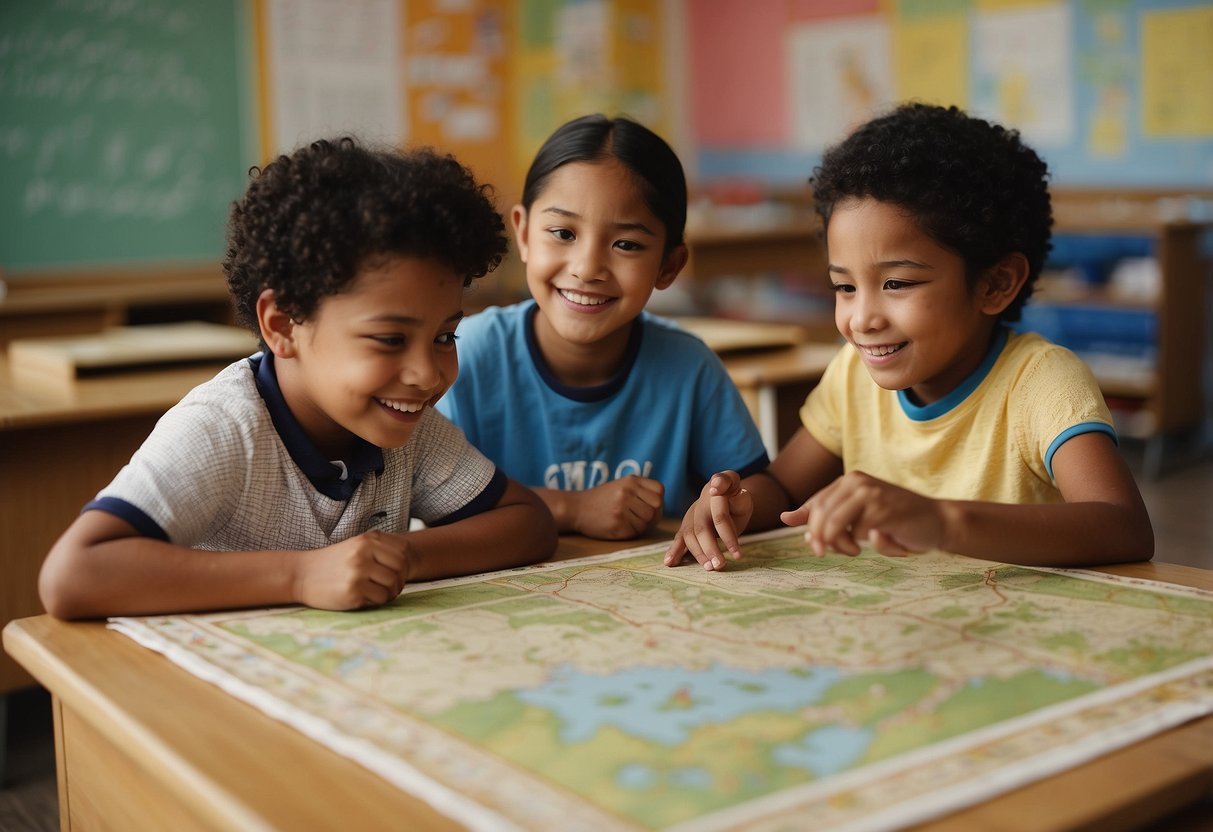 Children of different backgrounds engage in cultural activities, sharing stories and traditions. Maps and artifacts adorn the classroom, promoting understanding and respect