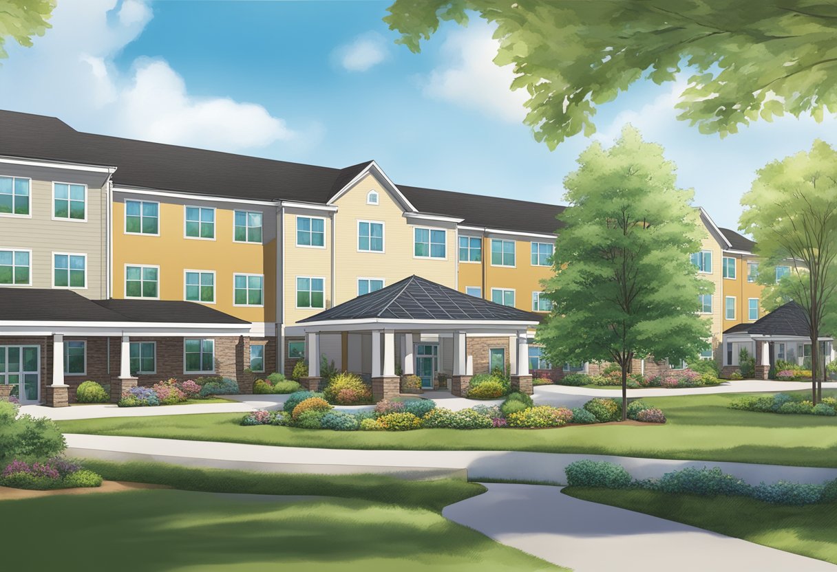 A serene senior living community in Berea, Ohio. Lush greenery surrounds a modern facility with inviting outdoor spaces and cozy living quarters