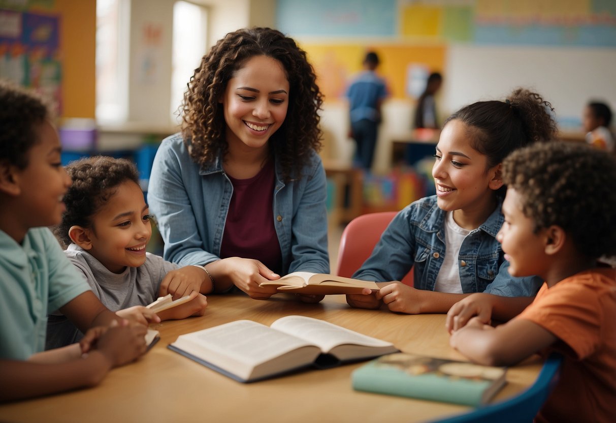 A diverse group of children sharing and learning about different cultures through books, art, and music in a welcoming and inclusive classroom setting