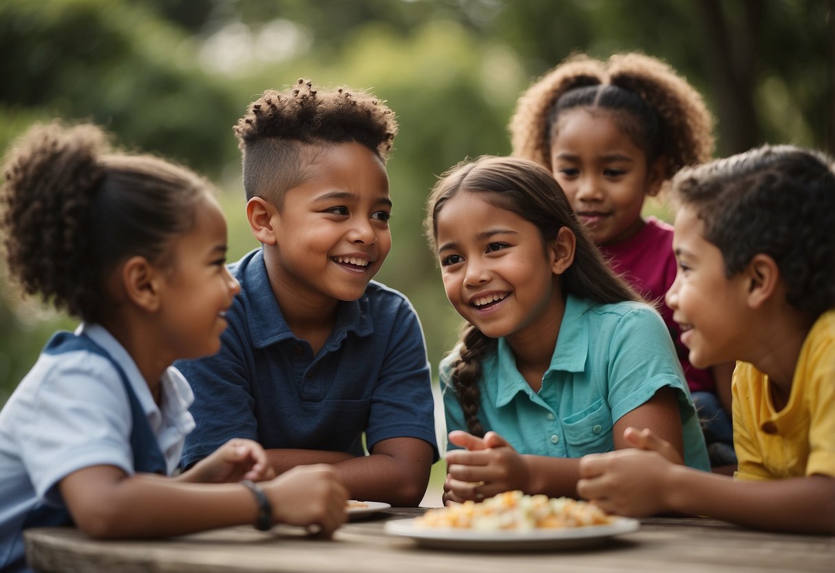 A diverse group of children discussing cultural traditions, food, and beliefs, with open body language and engaged expressions