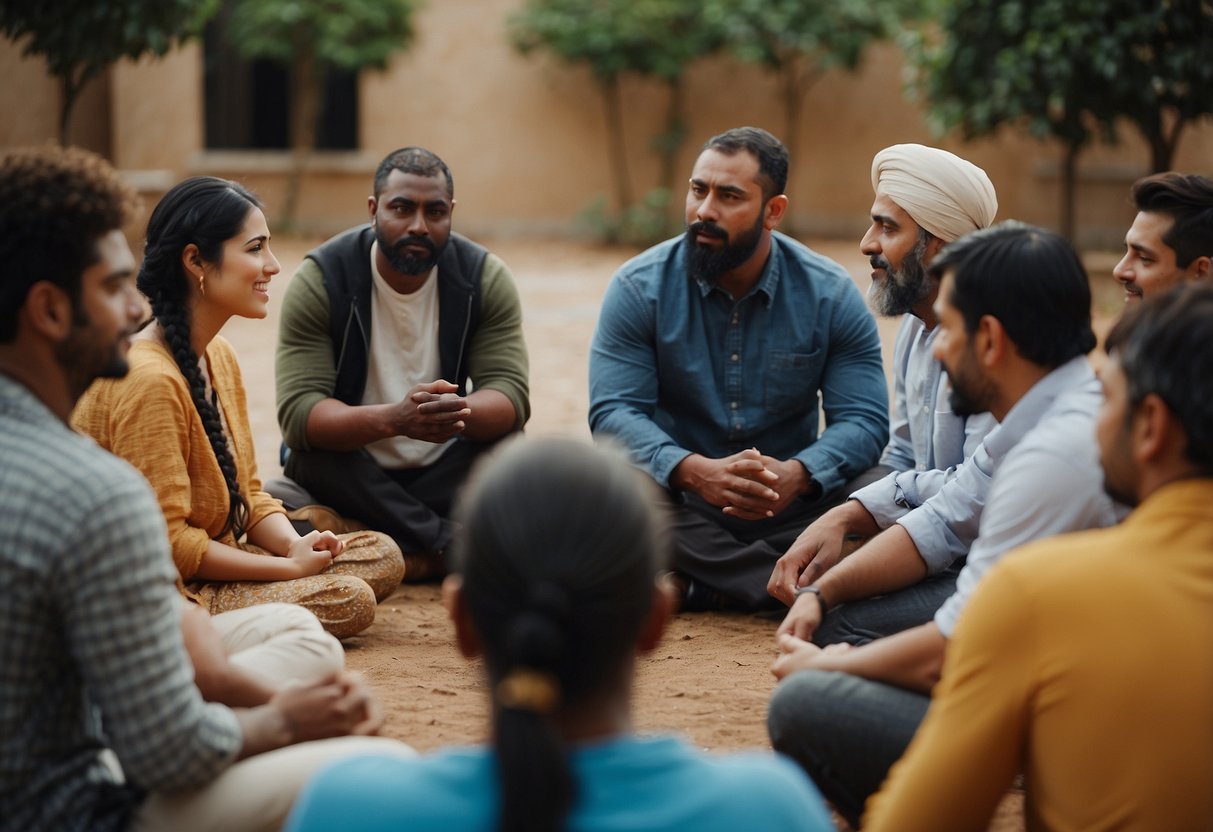 A group of people from different cultural backgrounds engage in respectful conversations about religious practices. They are sitting in a circle, sharing their beliefs and listening attentively to each other