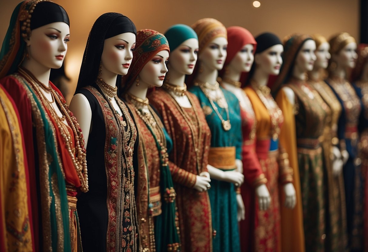 A diverse group of traditional clothing from around the world displayed on mannequins, showcasing the beauty and significance of cultural differences