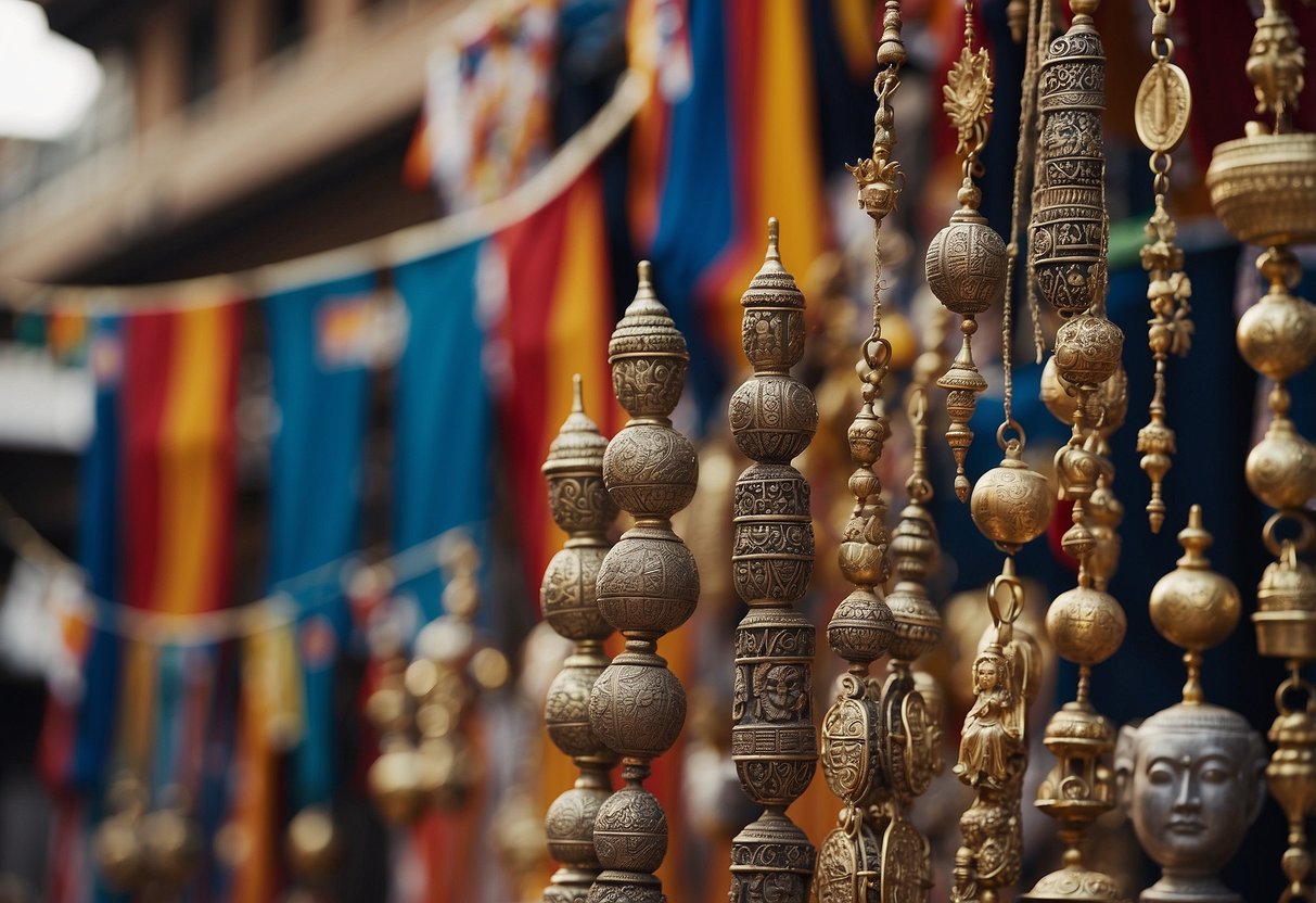 A diverse array of cultural symbols, such as flags, traditional clothing, and religious icons, are displayed in a vibrant marketplace setting