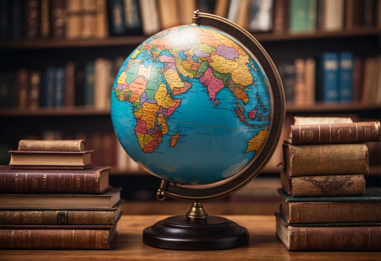 A colorful globe surrounded by books, flags, and artifacts from different countries. A map of the world hangs on the wall, with photos of diverse cultures