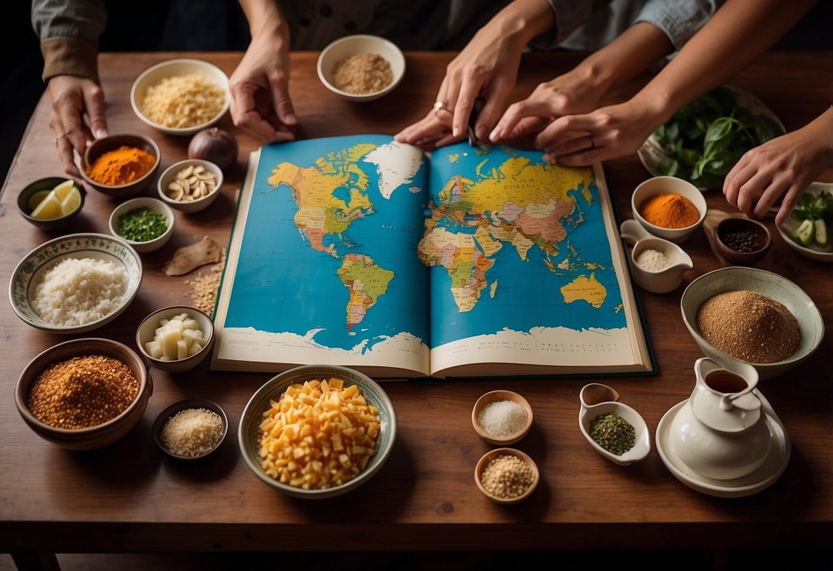 People gather around a table with various global recipe books. Ingredients from different cultures are spread out, and cooking utensils are ready. A world map hangs on the wall, showcasing different countries