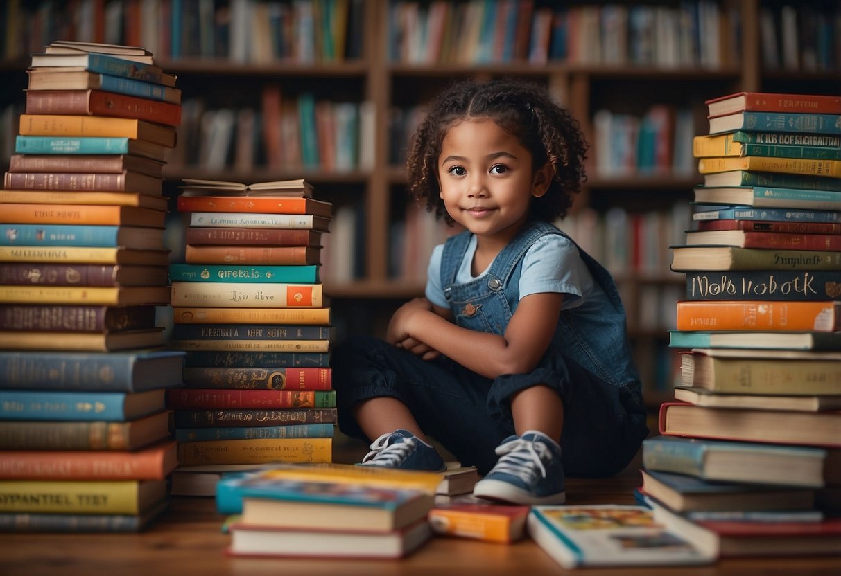 A child surrounded by diverse storybooks, with colorful illustrations and titles from various cultures, sparking curiosity and love for learning