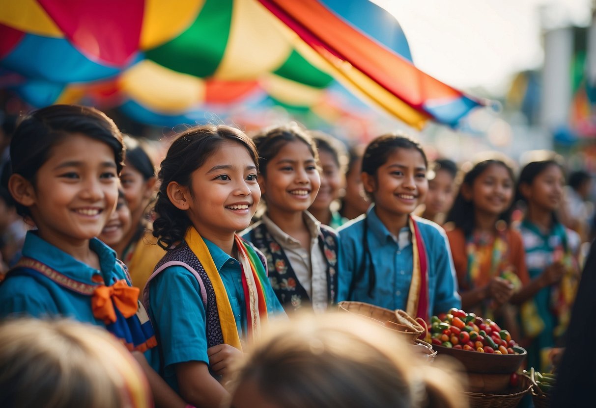 Colorful flags fluttering above food stalls, music stages, and dance performances. Children eagerly exploring cultural displays and trying new foods. Smiling faces and vibrant costumes creating a festive atmosphere