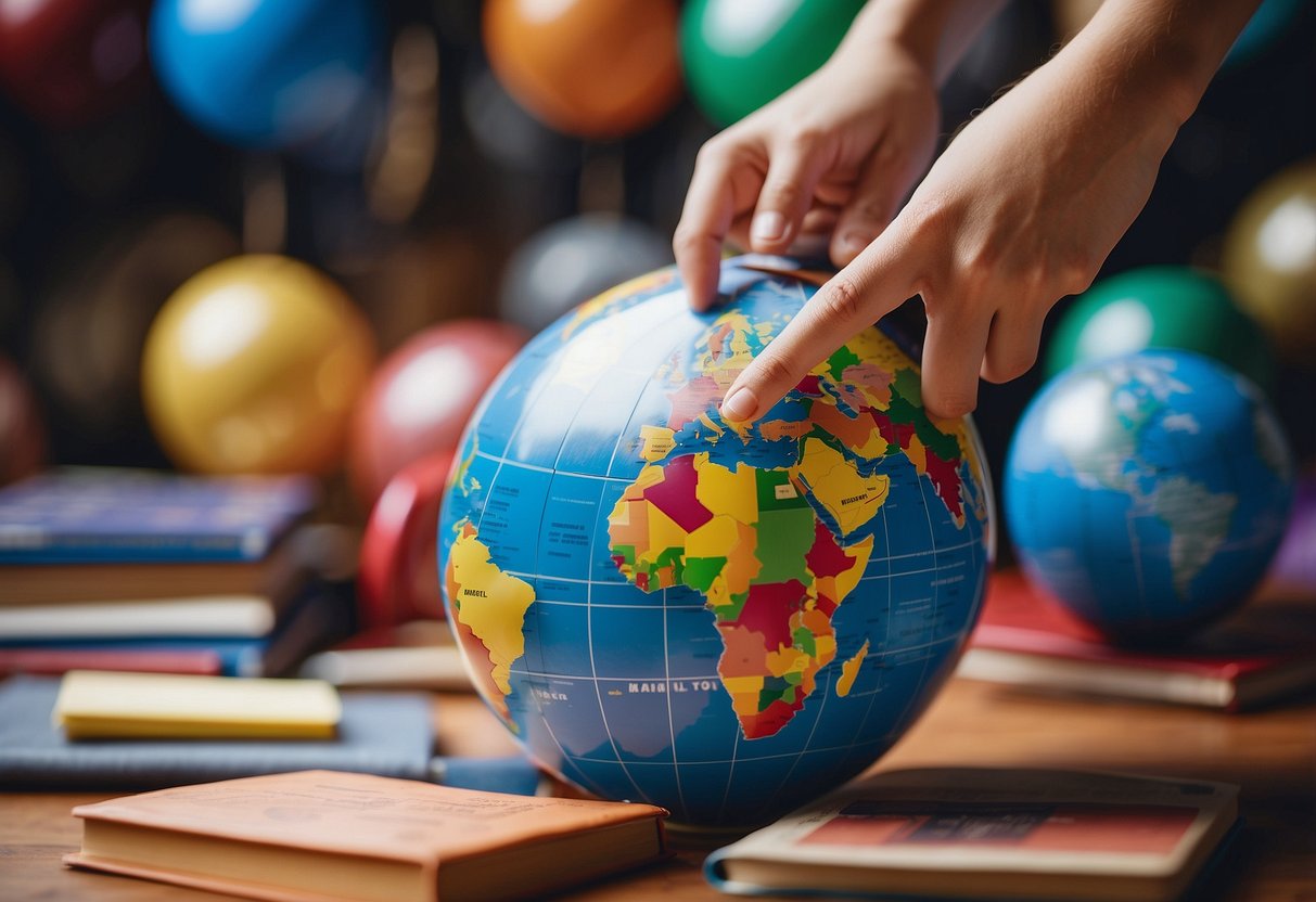 A globe surrounded by colorful flags, books, and movie reels. A child's hand reaching for a film titled "International Adventures."