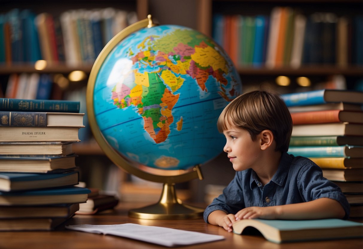 A colorful globe surrounded by books, maps, and language learning materials. A child and adult sit together, eagerly exploring and discussing different cultures and languages