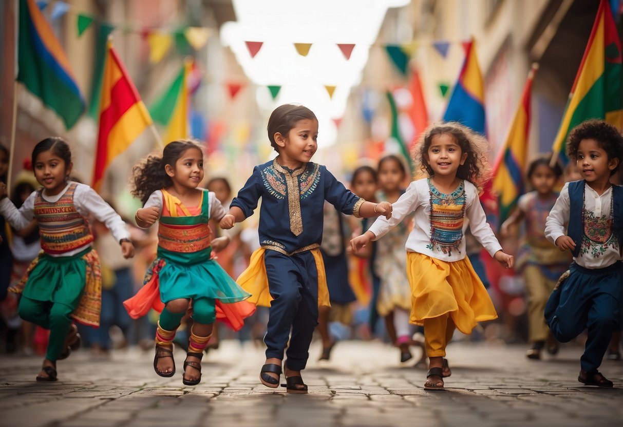 Children dancing to the beat of drums from various countries, while colorful flags representing different cultures hang in the background