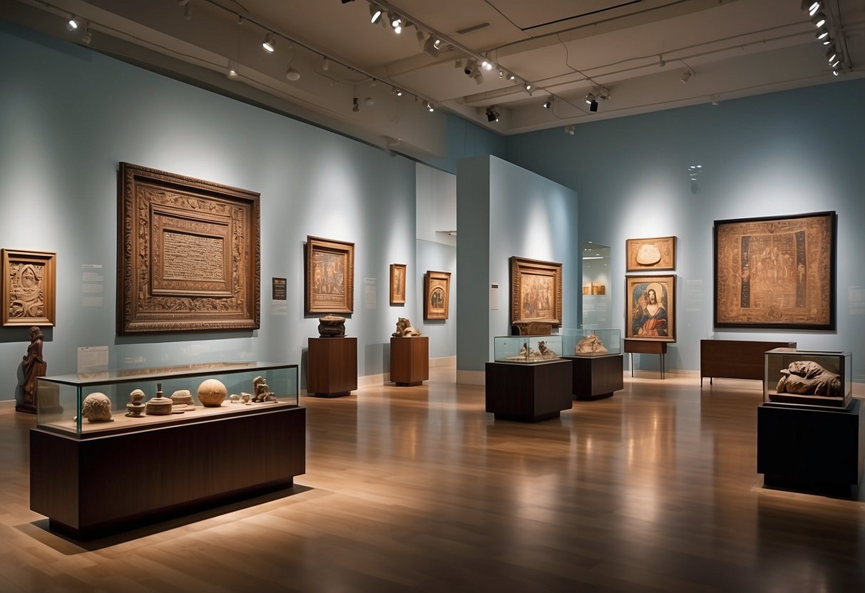 A diverse array of artifacts and artworks from around the world are displayed in a bright and spacious museum setting, inviting visitors to explore and learn about different cultures