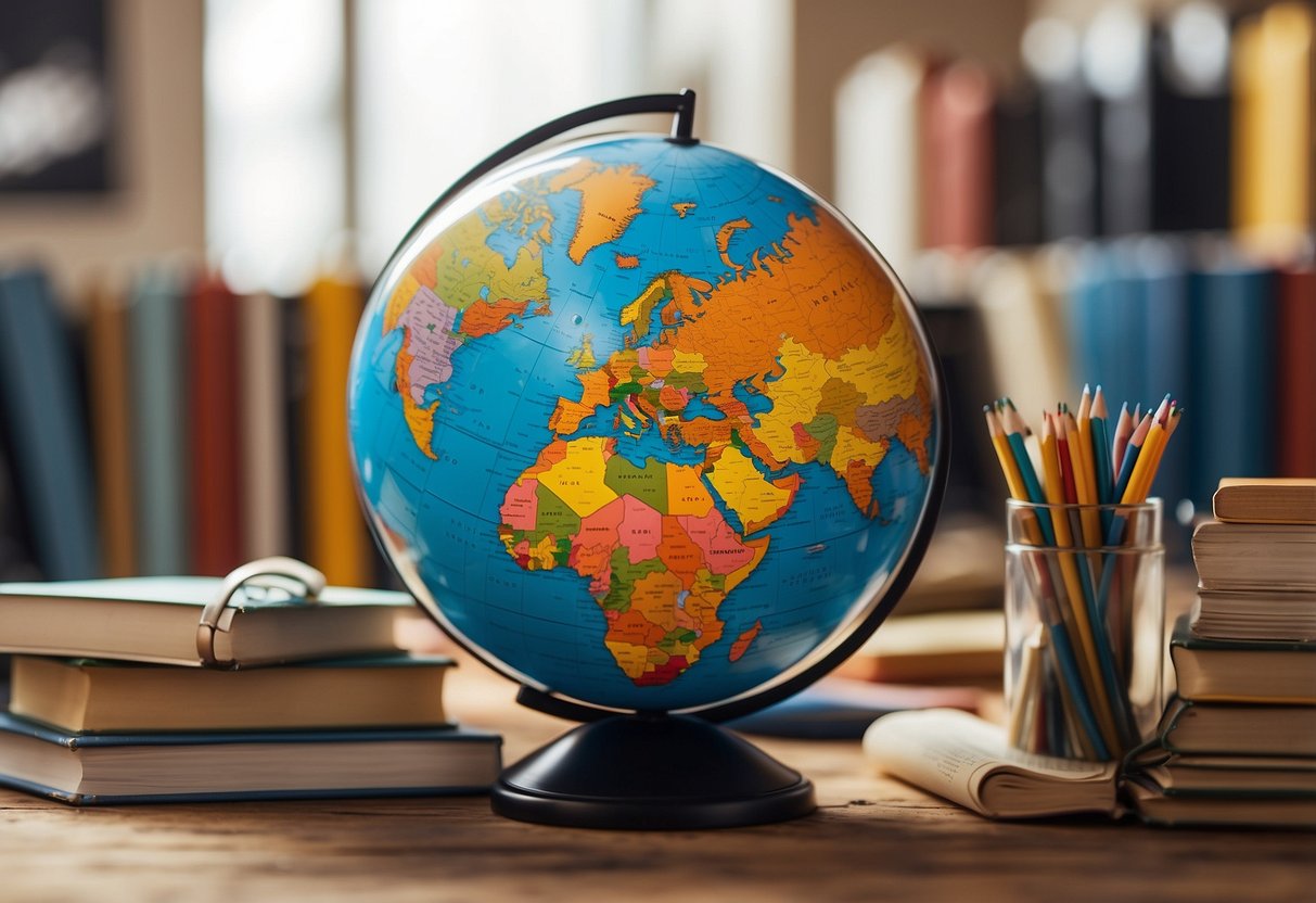 A colorful globe surrounded by books, flags, and artifacts from different cultures, with a child's open notebook and pencil ready for exploration