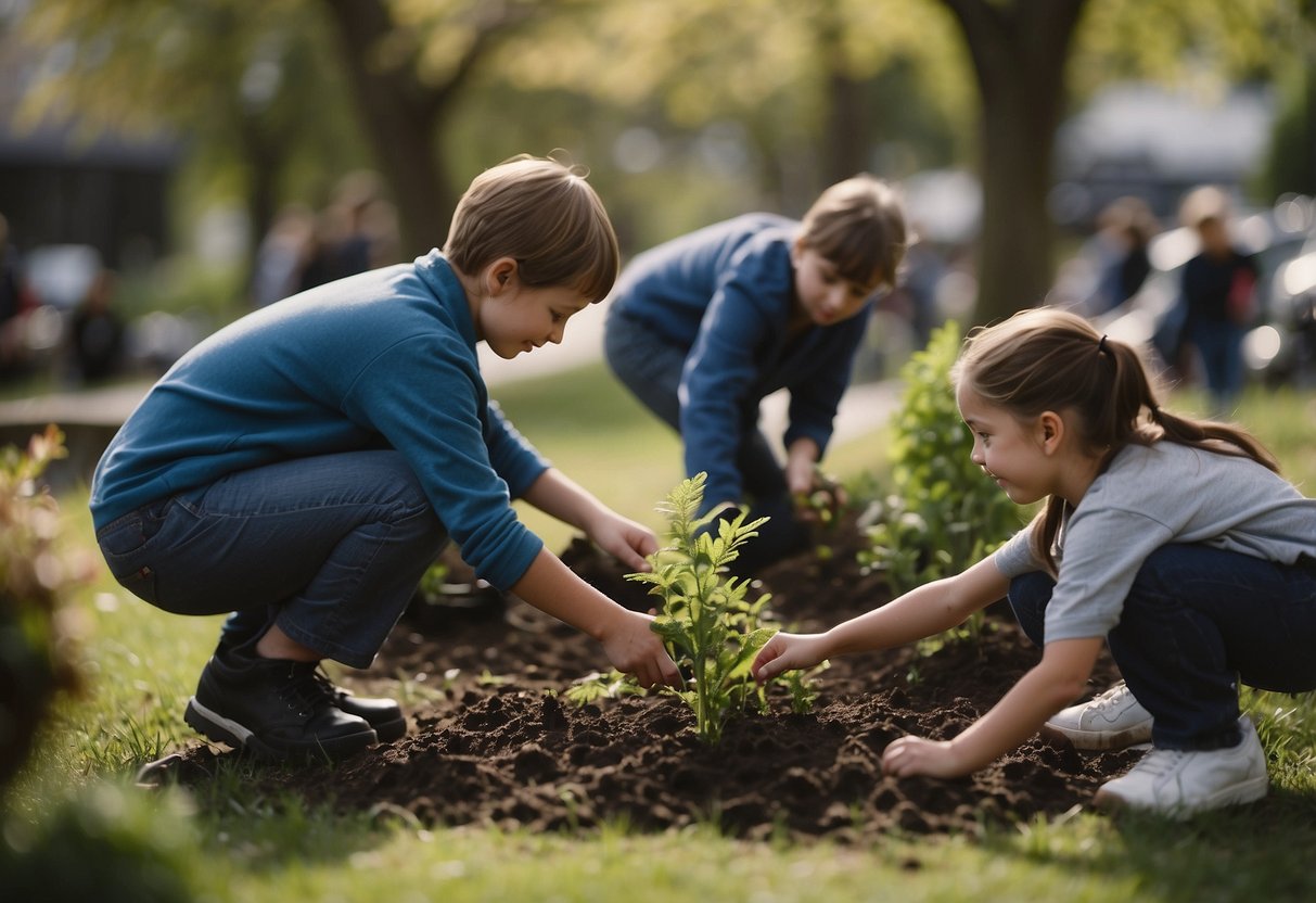 Children planting trees, recycling paper, donating toys, volunteering at a soup kitchen, and cleaning up a local park. They are also participating in fundraisers for charity and learning about different cultures