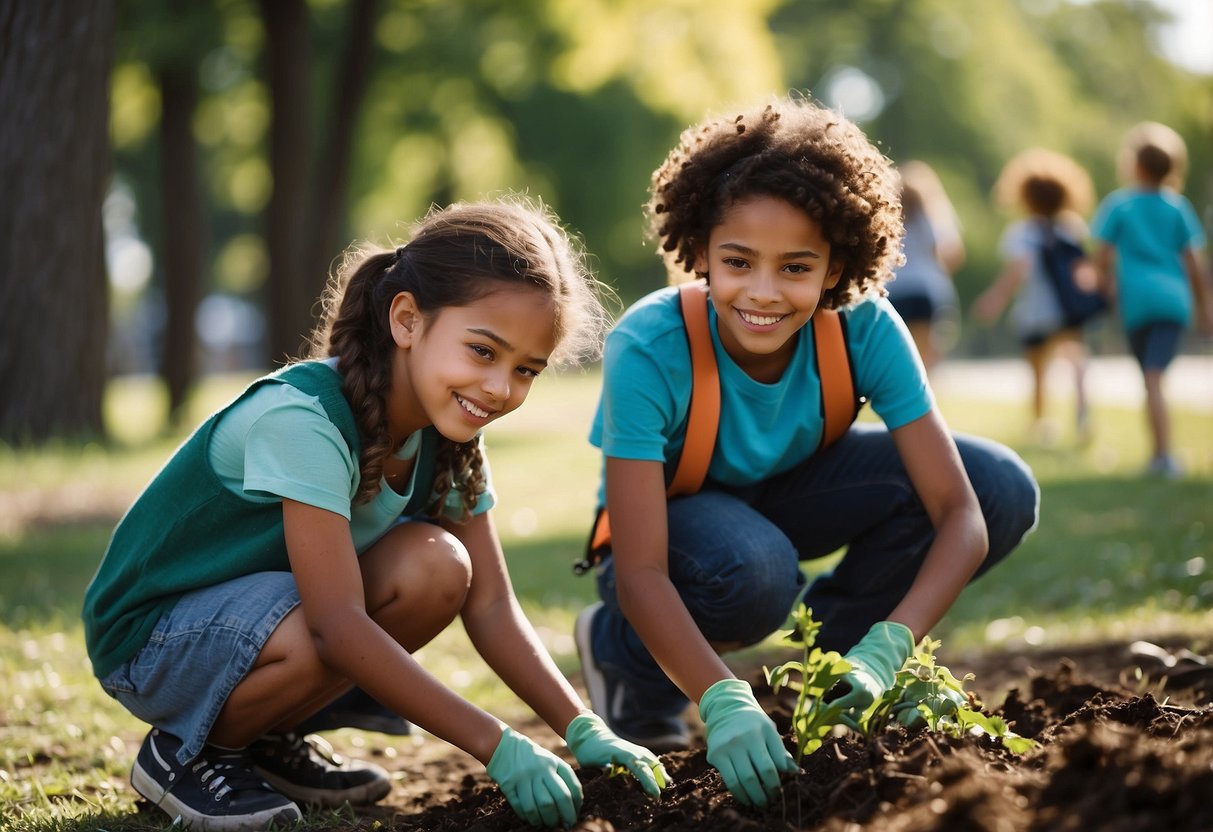 A group of children helping each other clean up a park, recycle, and plant trees, while smiling and working together