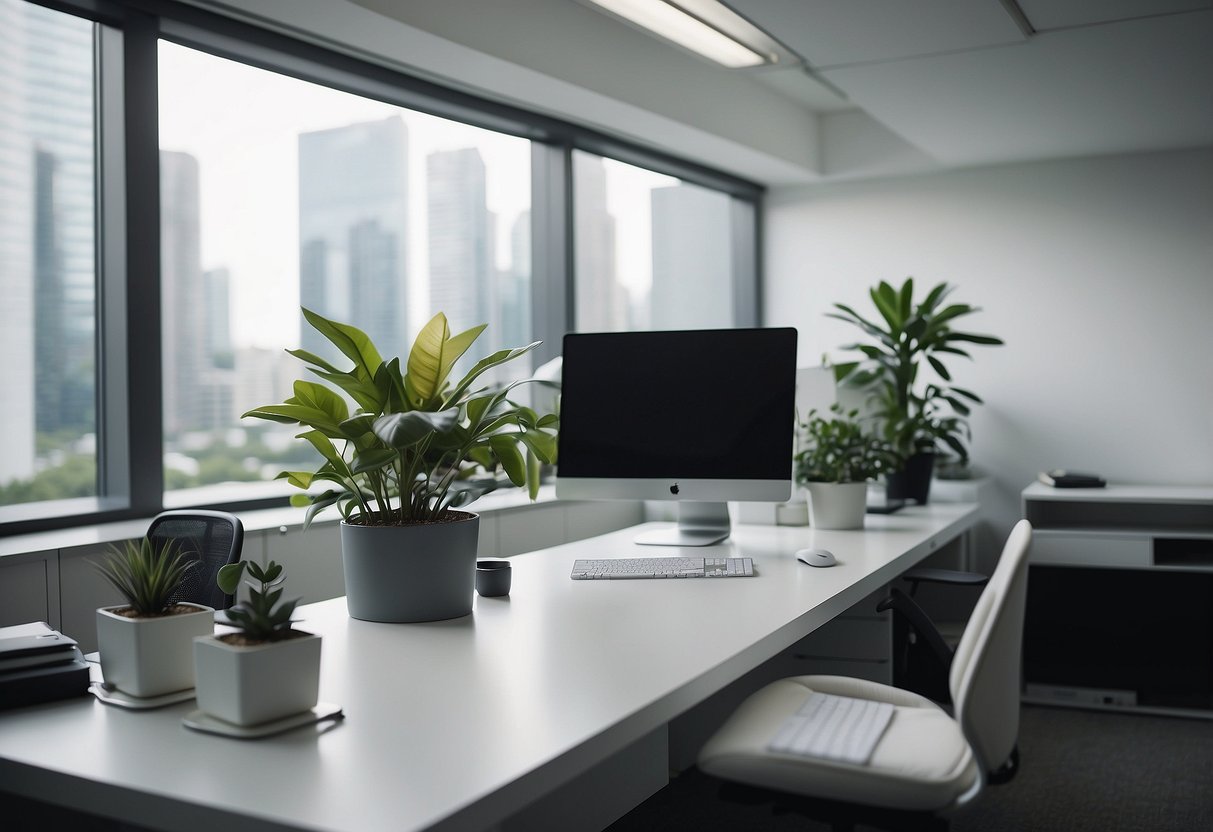 Ein sauberes, modernes Büro mit einem einfachen Schreibtisch, einem Computer und einer Anlage. Eine Grafik, die ein stetiges Investitionswachstum zeigt