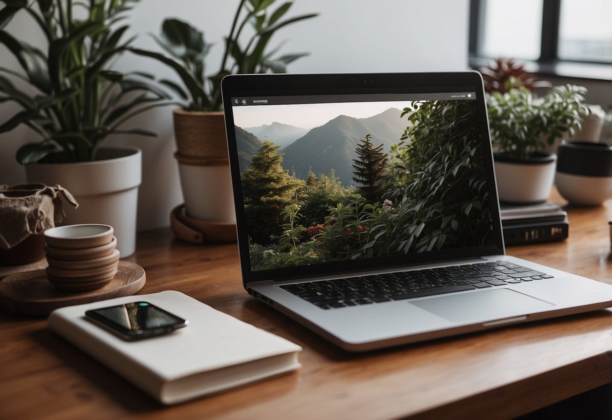 Ein einfacher, aufgeräumter Raum mit ein paar wichtigen Dingen. Ein Laptop auf einem sauberen Schreibtisch, eine Topfpflanze und ein paar kunstvoll arrangierte Bücher