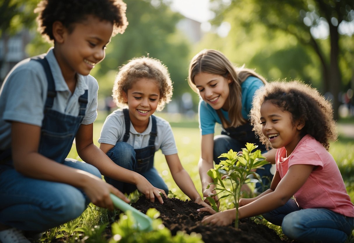 Children planting trees, cleaning up a park, and helping others in need. A mentor smiling and praising their efforts