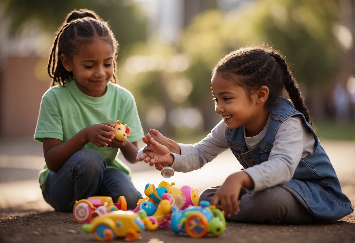 A group of diverse children are shown sharing toys, helping each other, and practicing acts of kindness in various settings, such as at school, in the community, and at home