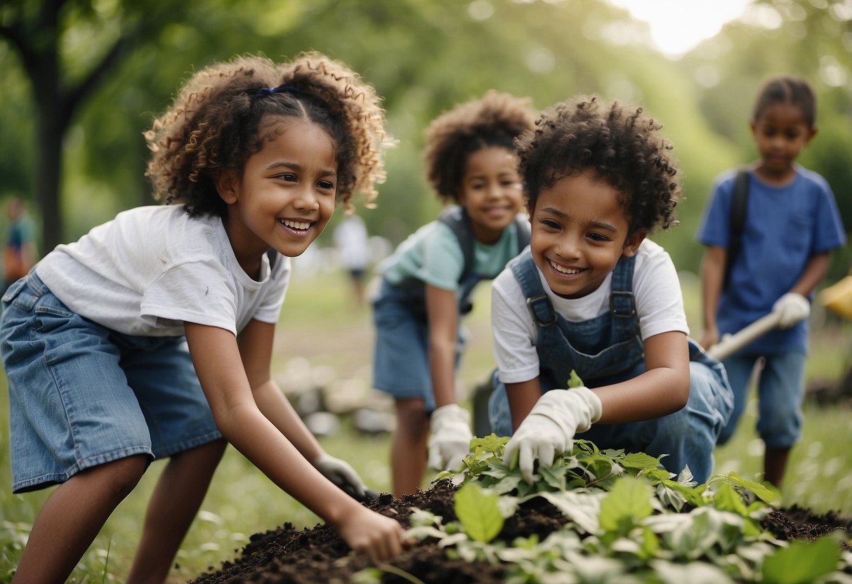 Children working together to clean up a park, plant trees, and pick up litter. They are smiling and laughing as they work, showing cooperation and responsibility