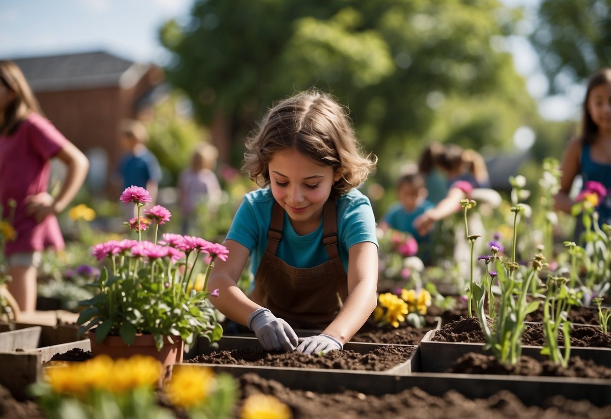 Children planting flowers in a community garden, donating toys to a local shelter, and writing thank you notes to essential workers