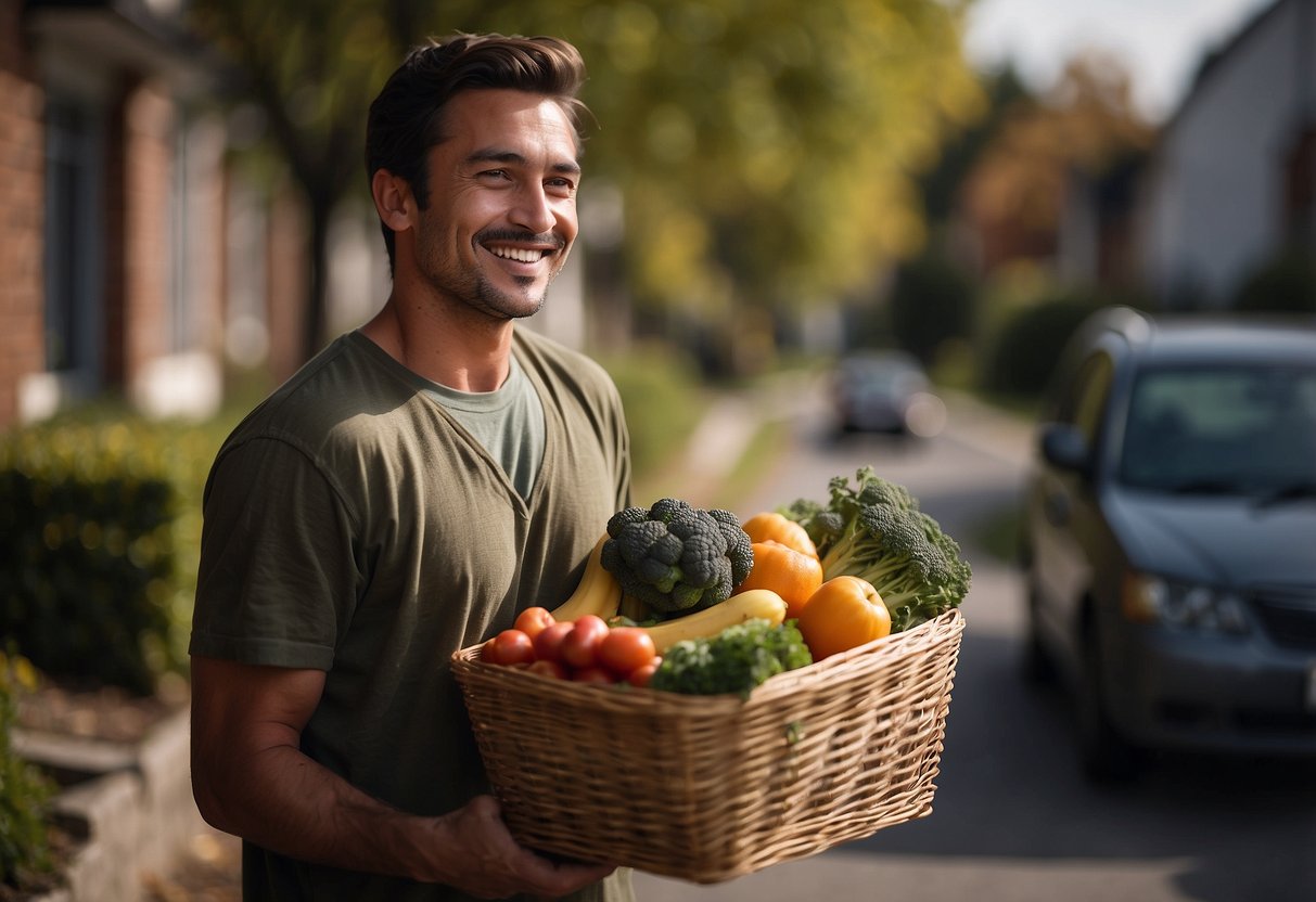 A person carries groceries for a neighbor, smiling