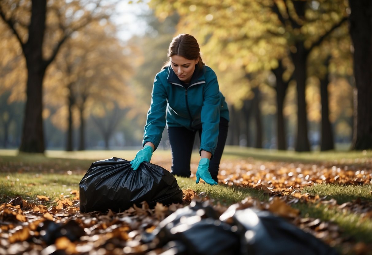 A person cleaning up litter in a park with a trash bag and gloves