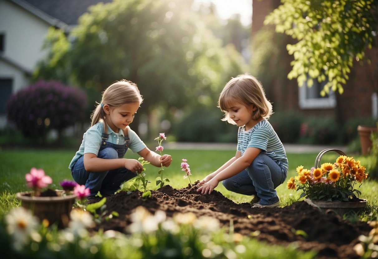 Children planting flowers in a garden, feeding birds, helping a neighbor, donating toys, writing thank-you notes, and cleaning up a park