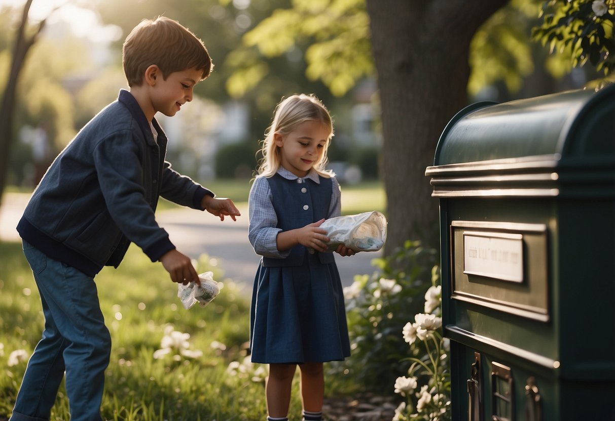 A child placing a flower in a neighbor's mailbox, a student helping a classmate with their schoolwork, and a person picking up litter in a park