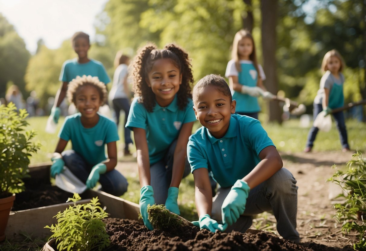 A group of children working together to clean up a park, plant trees, and collect donations for a local charity. They are smiling and enthusiastic as they give back to their community