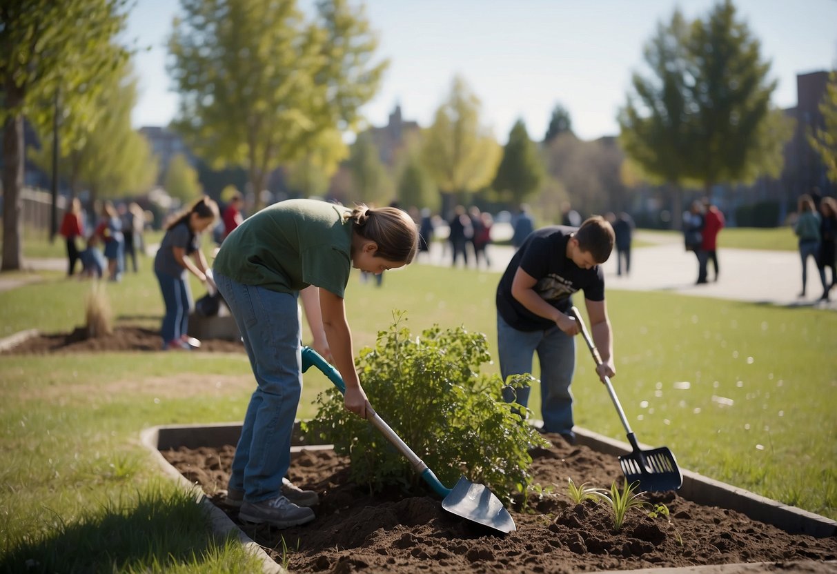 Children planting trees in a park, cleaning up a local beach, serving food at a homeless shelter, collecting donations for a charity, and participating in a community clean-up day