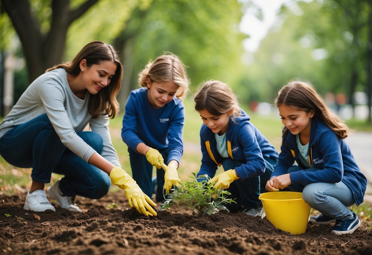 Children planting trees, cleaning up parks, donating toys, visiting nursing homes, and volunteering at food banks