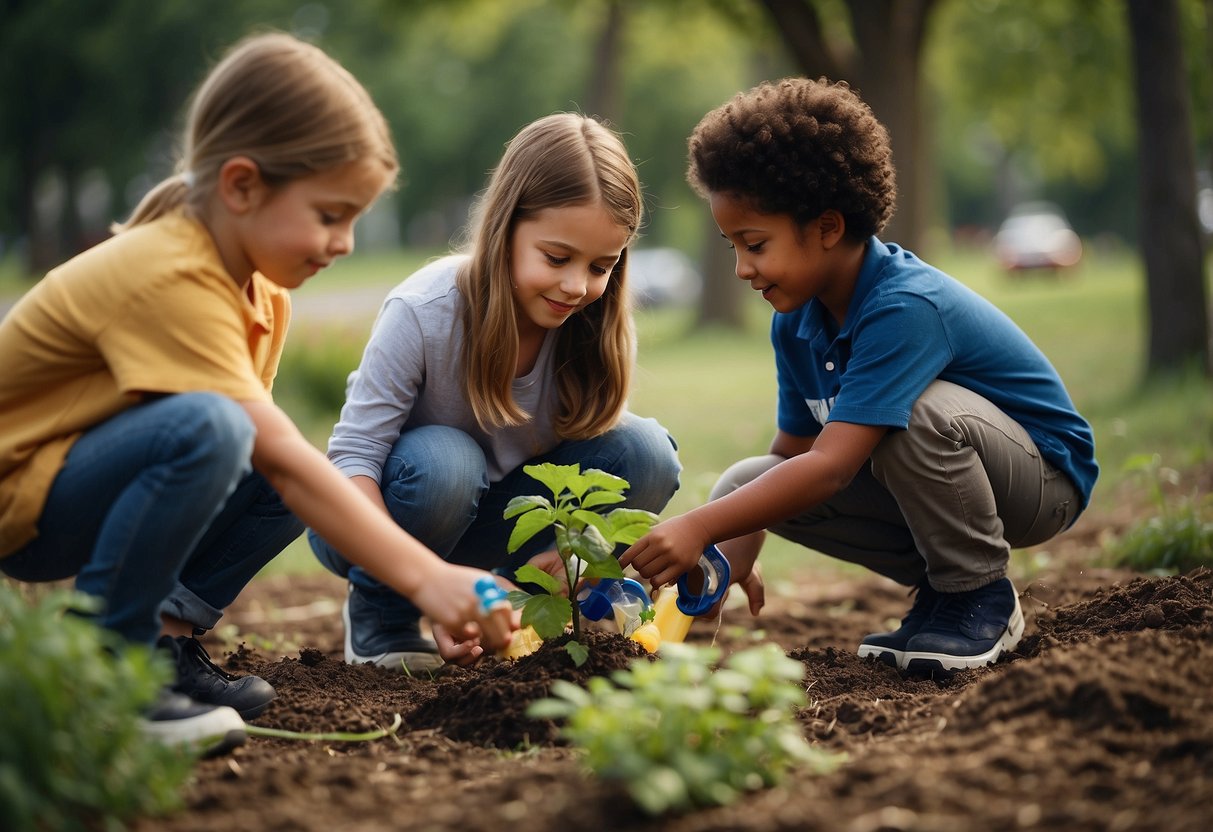 Children planting trees, recycling bins, picking up trash, using reusable water bottles, composting, turning off lights, and learning about conservation