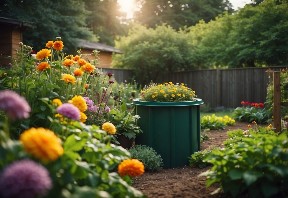 A variety of colorful flowers and vegetables grow in a well-tended garden. A compost bin sits nearby, and a bird feeder attracts wildlife