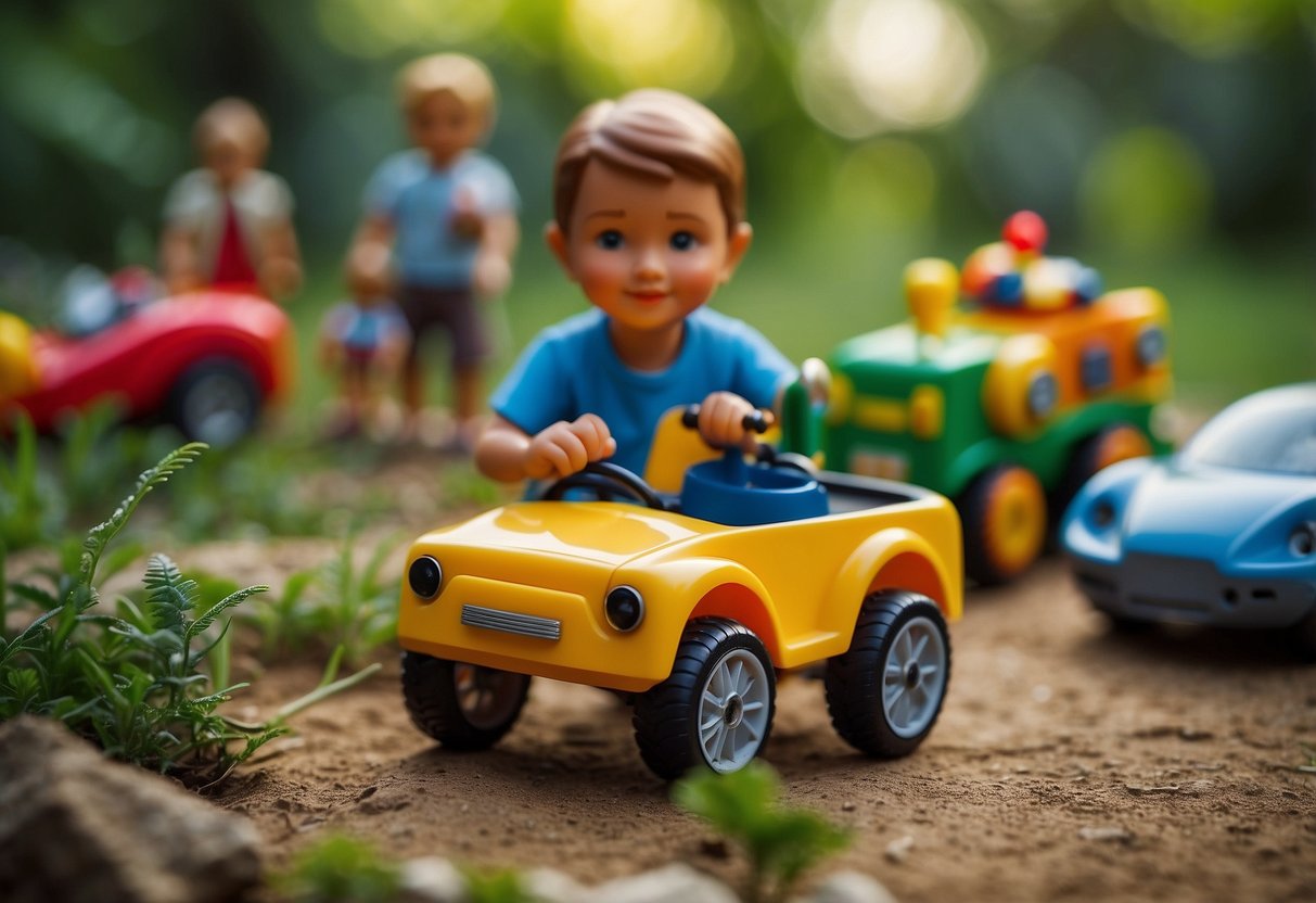 A child playing with a wooden toy car, surrounded by other eco-friendly toys like a recycled plastic doll and a solar-powered robot. The scene is set in a natural, outdoor environment, emphasizing the importance of choosing sustainable toys