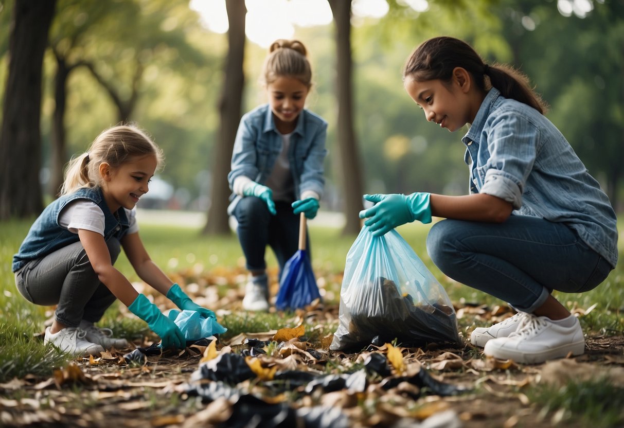 Children picking up trash in a park, using gloves and trash bags. They are smiling and working together to clean up the environment