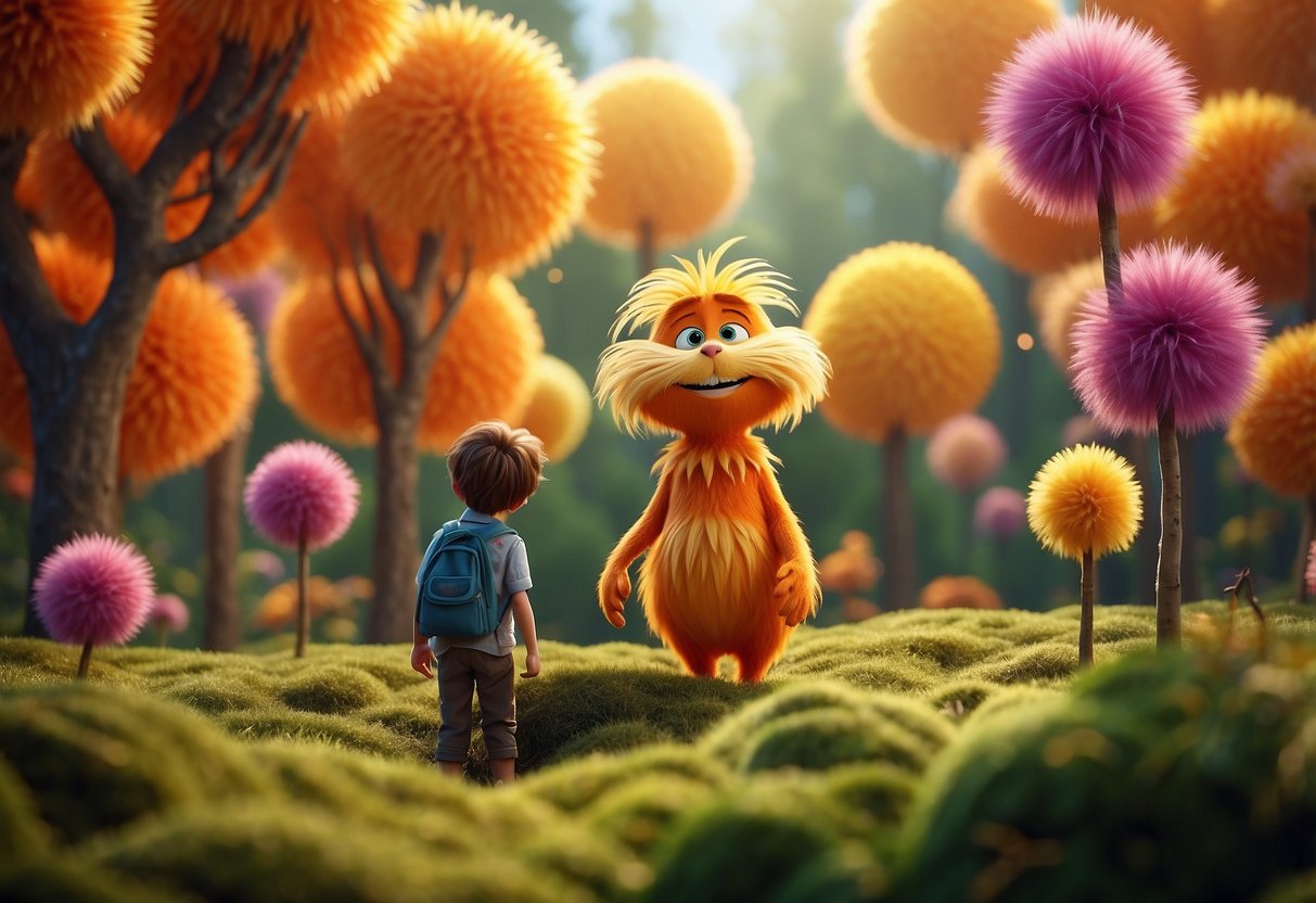 A colorful forest of Truffula trees with a small, orange creature (the Lorax) speaking to a boy in a bright, whimsical setting