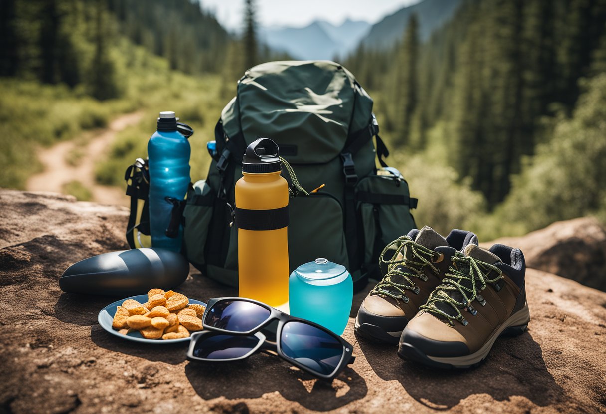 A sun hat, sunglasses, moisture-wicking tank top, lightweight shorts, hiking boots, and a backpack with water bottle and trail snacks