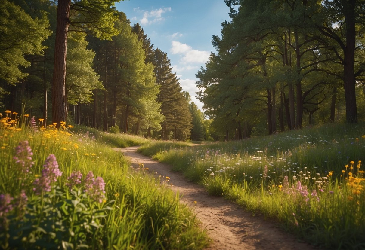 Lush green trees and colorful wildflowers surround a winding trail. A family of deer grazes peacefully in a meadow, while birds chirp and flutter through the clear blue sky